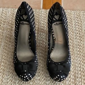 Black and white polka dot heels